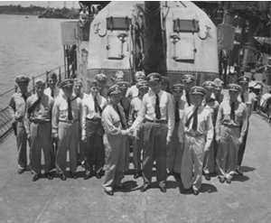 CDR George DeMetropolis shaking hands with LCDR John Lawrence Kelley