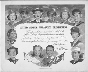 Certificate awarded to Shirley Piela for her service to the School Savings Program